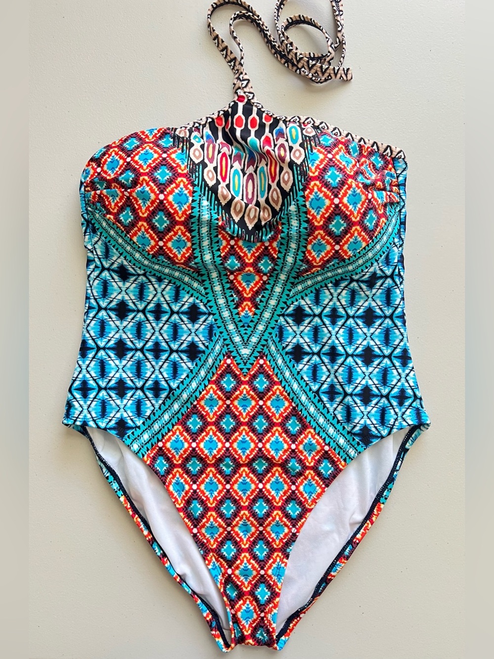 Kenneth Cole Tribe Vibes High Neck Halter One Piece Swimsuit Tribal Print - Picture 2 of 8